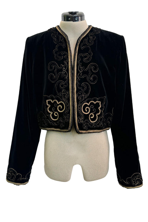 Fantastic 1970s Yves Saint Laurent Cropped Boc Cut Black Velvet Jacket w Metallic Gold Cord Detailing
