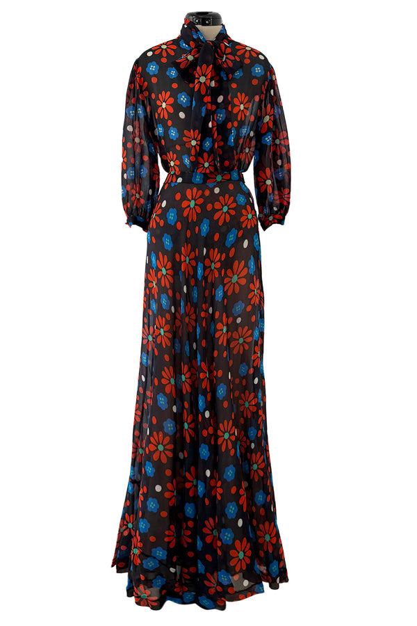 Outstanding Spring 1974 Yves Saint Laurent Floral Print Silk Chiffon Top & Skirt Set
