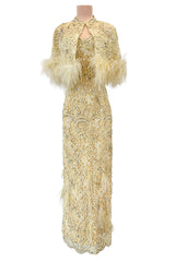 Fabulous 1950s Unlabeled Pearl, Bead & Feather Detailed Yellow Lace Dress w Matching Cape