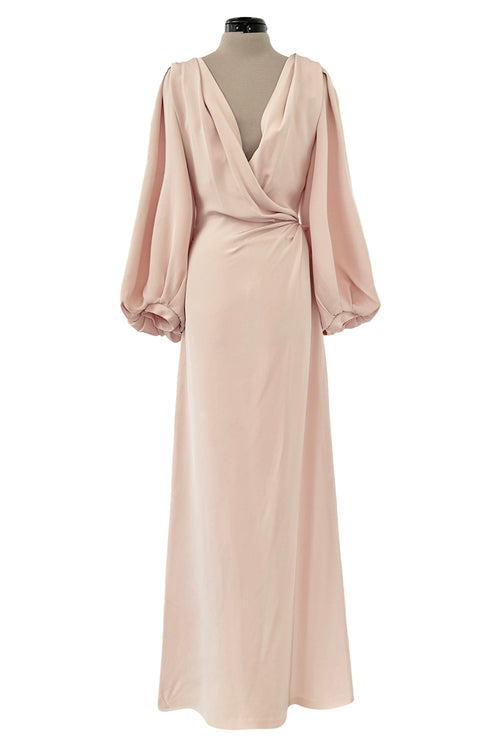 Prettiest Spring 1990 Yves Saint Laurent Pale Nude Pink Silk Plunge Runway Dress w Balloon Sleeves