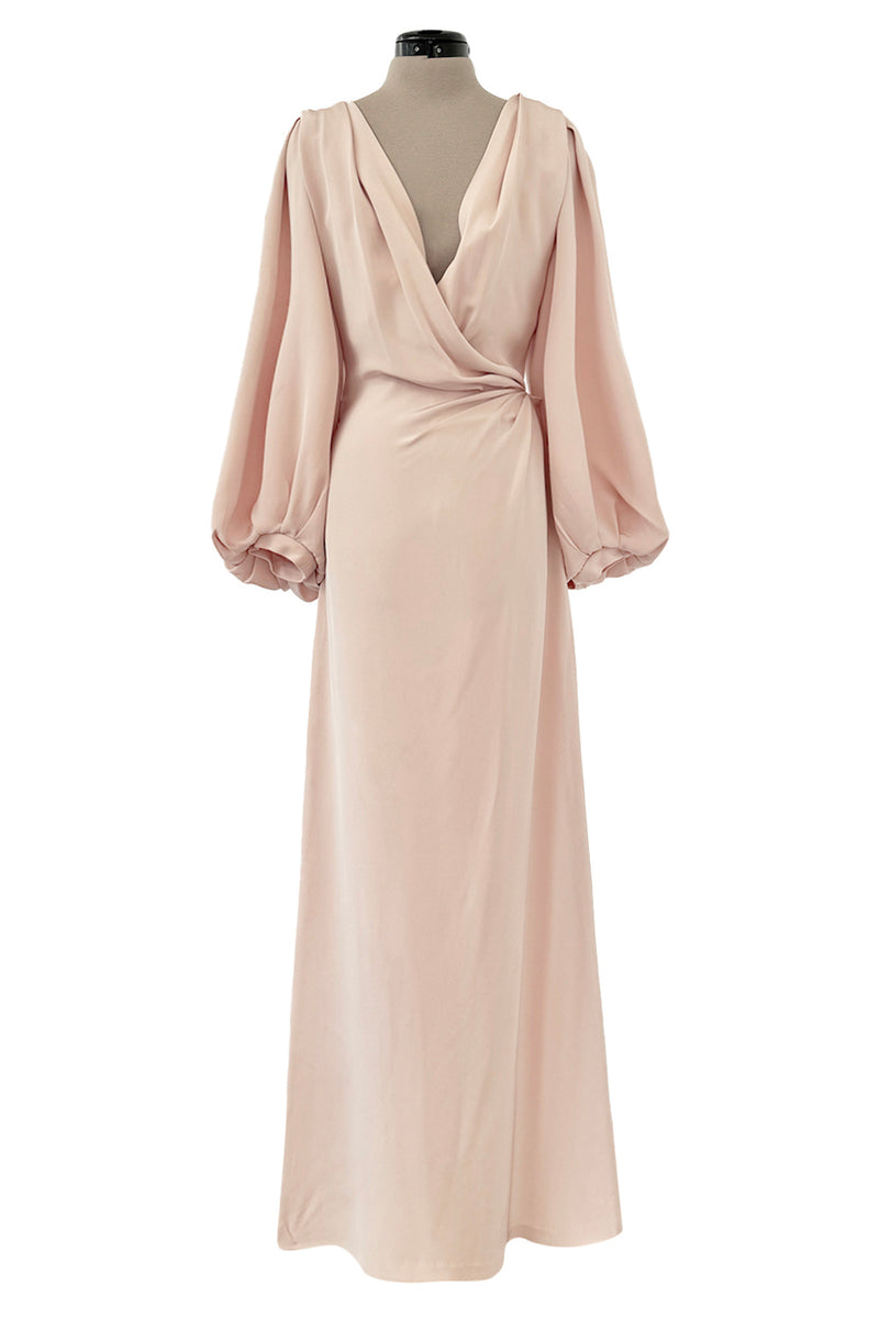 Prettiest Spring 1990 Yves Saint Laurent Pale Nude Pink Silk Plunge Runway Dress w Balloon Sleeves