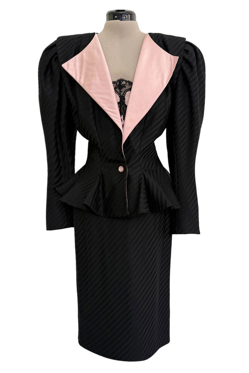 Fantastic Spring 1984 Emanuel Ungaro Haute Couture Black Stripe Jacket & Skirt Suit + Pink Camisole
