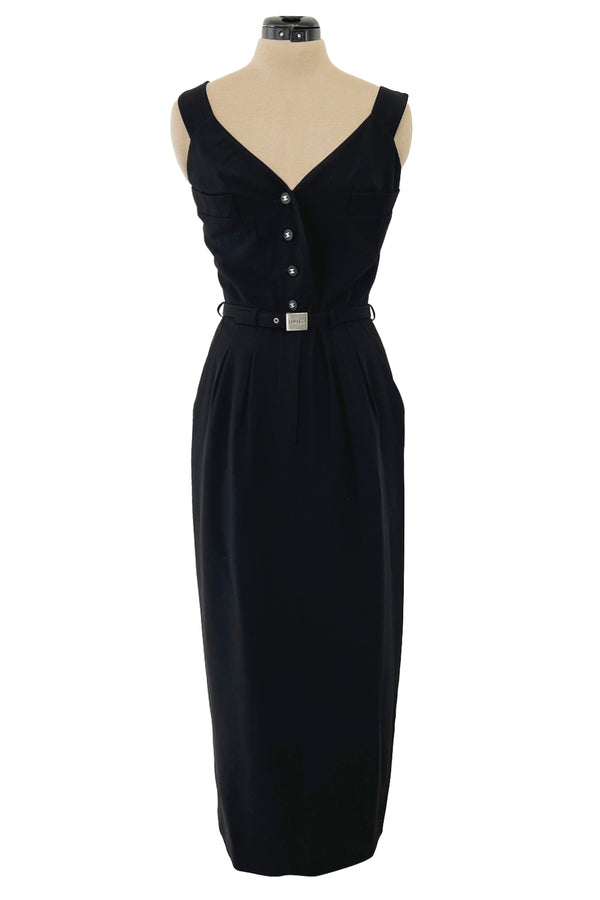 Striking Spring 1996 Chanel by Karl Lagerfeld Black Fitted Dress w Pockets Chanel Buttons & Belt