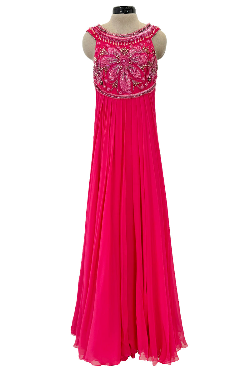 1960s Helen Rose Pink Silk Chiffon Dress w Elabroately Beaded & Sequins Bodice