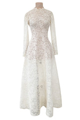 Heirloom Level Exquisite 1950s Handmade Couture White Lace Wedding Dress w a Matching Veil