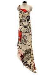 Gorgeous Early 2000s Valentino Roma Bias Cut Floral Print Dress w Bright Pops of Coral Red