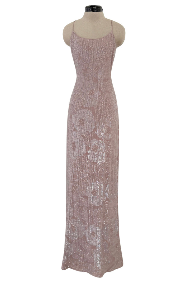 Exceptional Spring 1999 Giorgio Armani Runway Palest Ballet Nude Pink Floral Sequin Dress