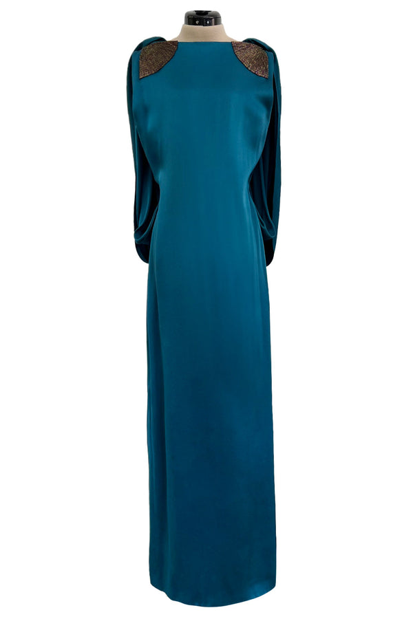 Amazing 1980s Bill Blass Bias Cut Deep Teal Silk Dress w Bead Detailing & Draped Low Back