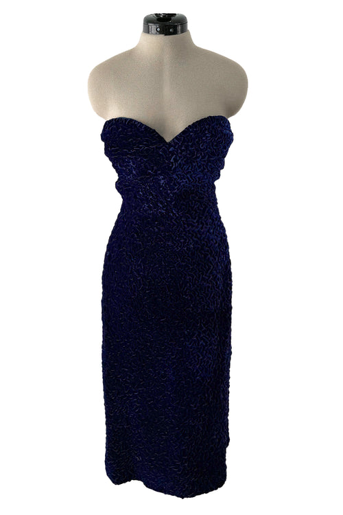 Fantastic Fall 1986 Yves Saint Laurent Runway Strapless Deep Purple-Blue Hand Gathered Velvet Dress