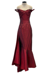 Magnificent Rare Fall 2000 John Galliano Deep Burgundy Red Silk Taffeta Corset Dress w Extended Panel