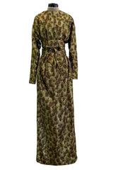 Fall 1979 Halston Runway Olive Brown & Deep Metallic Gold Leopard Print Bias Cut Dress w Belt