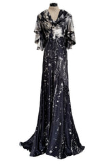 Outstanding Fall 2010 Alexander McQueen Gray Scale Print Silk Dress w Caped Sleeves & Trained Skirt