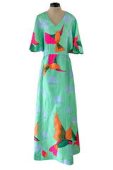 Prettiest 1970s Hanae Mori Green & Tropical Bird Printed Caftan Dress w Curved Sleeves