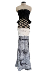 Fantastic Spring 2001 Jean Paul Gaultier Runway Multi Length Mesh Band Dress w Jersey Face Print Skirt