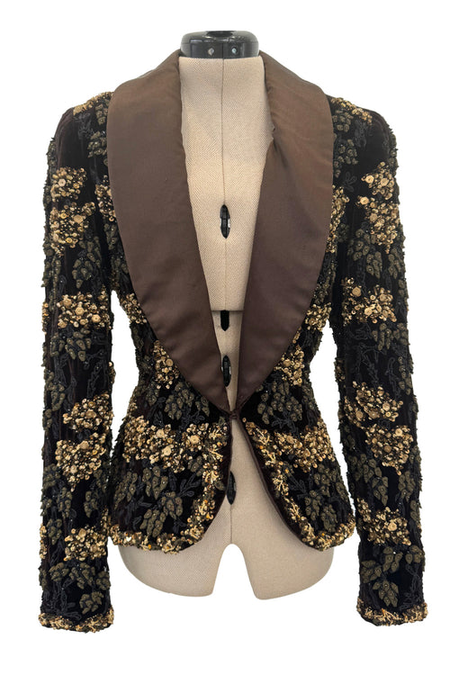 Exceptional 2004 John Anthony Couture Brown Velvet Heavily Hand Embroidered & Beaded Jacket