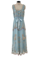 Prettiest Vintage Unlabeled Dusty Pale Blue Net Applique & Embroidered Dress w Ribbon Waist Tie