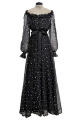 Prettiest 1970s Louis Feraud Black Chiffon Ruffled Dress w Multi Coloured Embroidered Dots