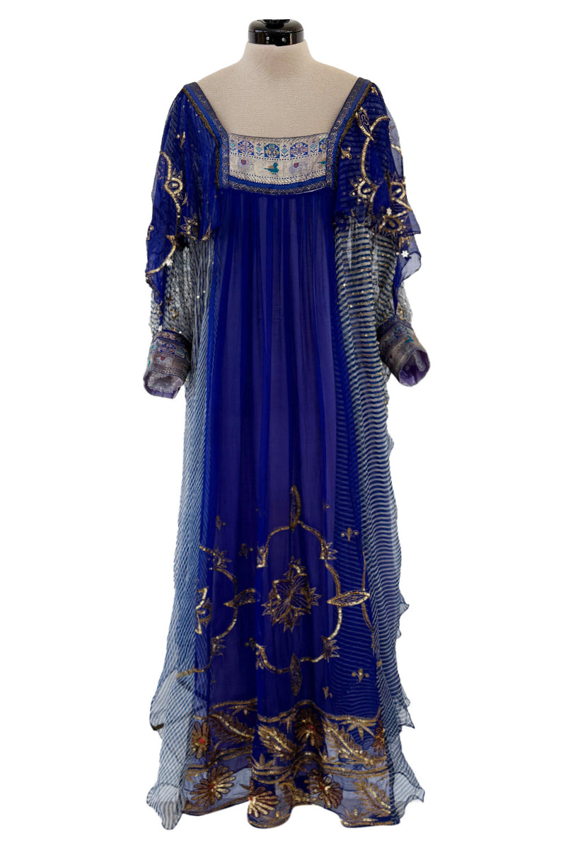 1960s Bloomingdales Label Royal Blue Silk Chiffon & Gold Thread Caftan Shrimpton Couture 1960s Bloomingdales Label Royal Blue Silk Chiffon & Gold Thread Caftan Shrimpton Couture
