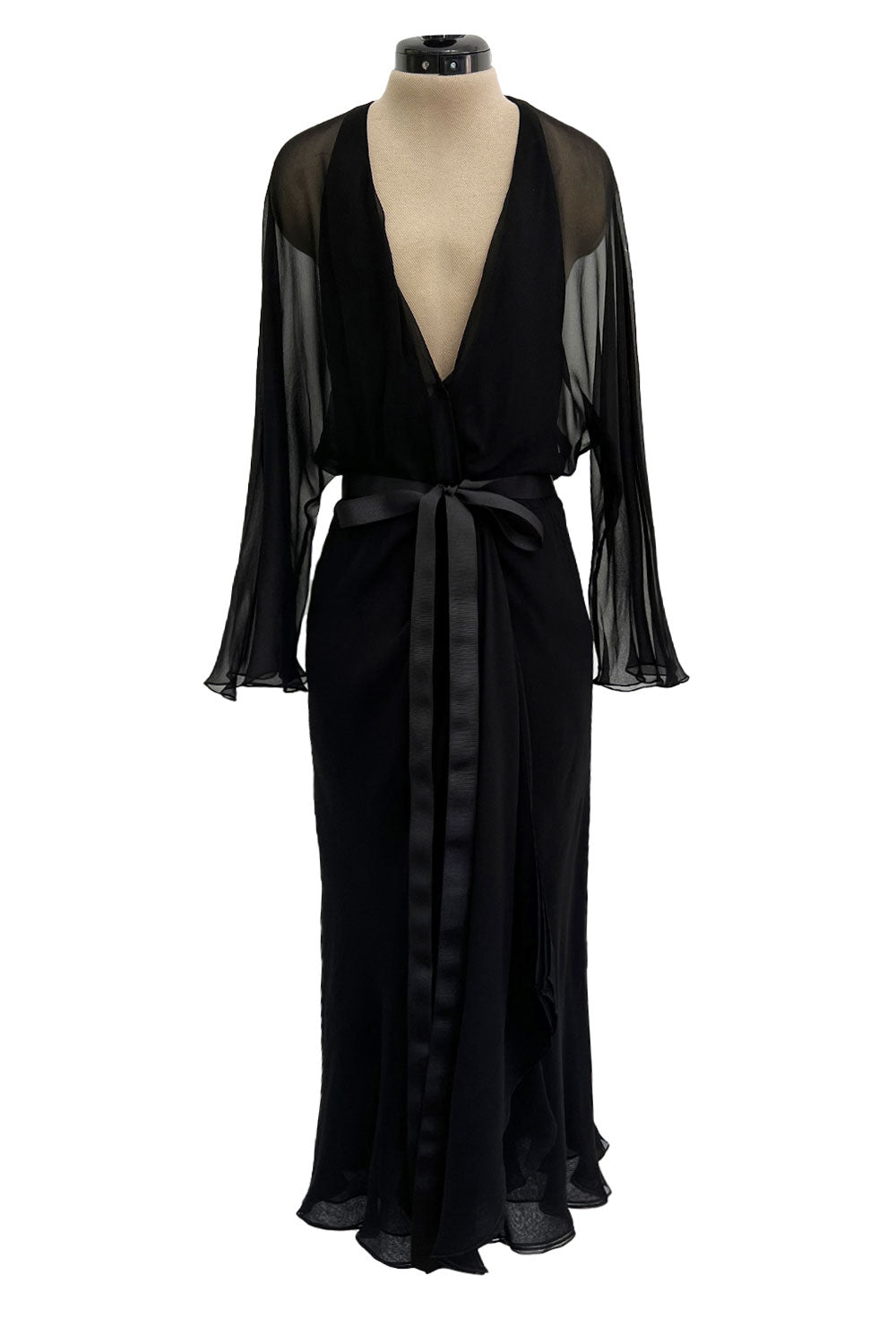 Minimalist Mid-1970s Halston Black Bias Cut Silk Chiffon Wrap Dress w