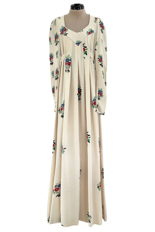 Extraordinary 1973 Ossie Clark & Celia Birtwell Documented Ivory Moss Crepe w Floral