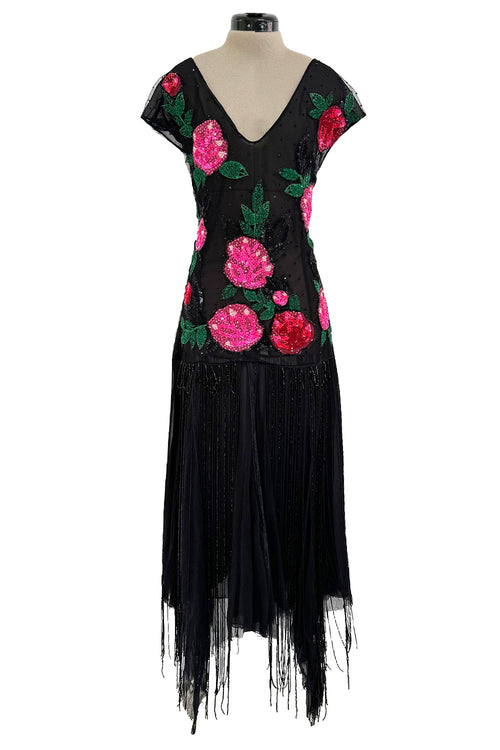 Dreamy Spring 2002 Blumarine Runway Black Silk Net & Chiffon Floral Sequin & Bead Dress