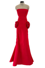 Original Fall 2004 Valentino Runway Look 53 Strapless Red Silk Dress w Flowers on the Hips & Flared Skirt