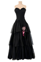 1940s Jean Patou Haute Couture Strapless Black Silk Chiffon Dress w Tiered Full Skirt