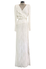 Stunning 1970s-80s Mary McFadden Couture White Pleated Dress w Attached Braided Belt