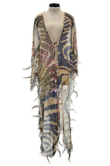 Spring 1981 Zandra Rhodes Runway & Book Piece 'Kenya & Zebras" Feather Trimmed Silk Chiffon Cape Piece