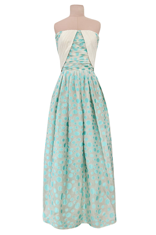 Dreamy Late 1960s Andre Laug Roma Alta Moda Couture Pale Turquoise Applied Dot Strapless Dress