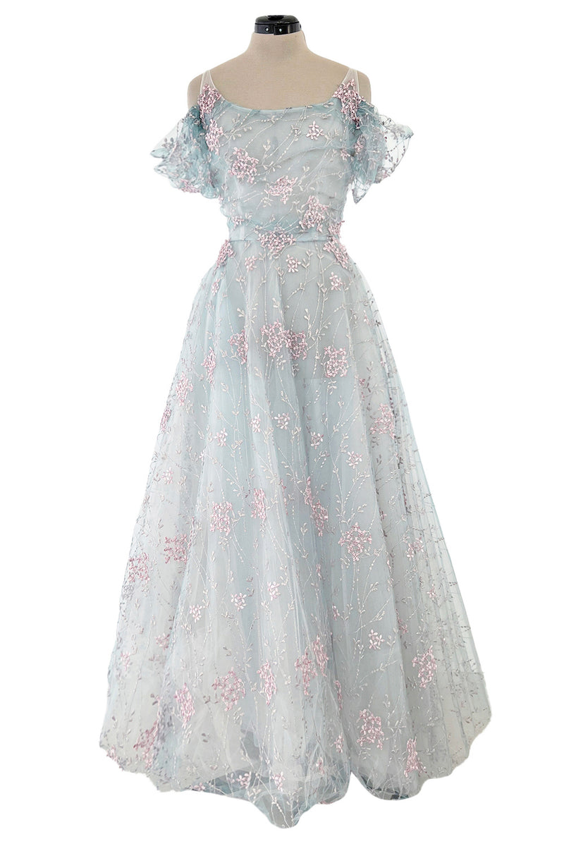 Dreamy Luisa Beccaria Pale Turquoise Net Off Shoulder Dress w Pink & G Shrimpton Couture Dreamy Luisa Beccaria Pale Turquoise Net Off Shoulder Dress w Pink & G Shrimpton Couture