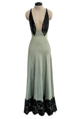 Incredible 1990s Geoffrey Beene Couture Dusty Green Jersey Plunge Dress w Sequins