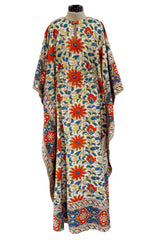 Prettiest 1960s Hand Block Printed Coral Blue & Ivory 100% Cotton Full Caftan w Front Belt