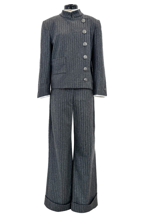 Pre-Fall 2018 Chanel by Karl Lagerfeld Grey Runway Look 13 Grey Pin Striped Pant & Jacket Pant Suit