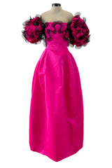 Book Documented Spring 1988 Bill Blass Bright Pink Silk & Black Net Ruffle Dress w Pouf Sleeves