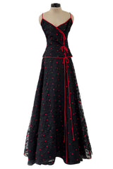 Fantastic 1970s Stavropoulos Wrap Skirt and Top Set w Embroidered Red Dots & Metallic Thread Pattern
