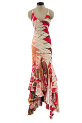 Spring 2004 Roberto Cavalli Long Version of Runway Look 23 Feather Light Silk Coral & Gold Print Dress