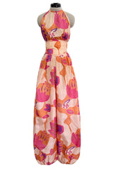 Spring 1981 Bill Tice Deco Pattern Printed Tissue Silk Backless Jumpsuit w Balloon Pouf Legs