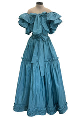 Spectacular 1970s Yves Saint Laurent Deep Turquoise Blue Silk Off Shoulder Fuffled Top & Matching Skirt Set
