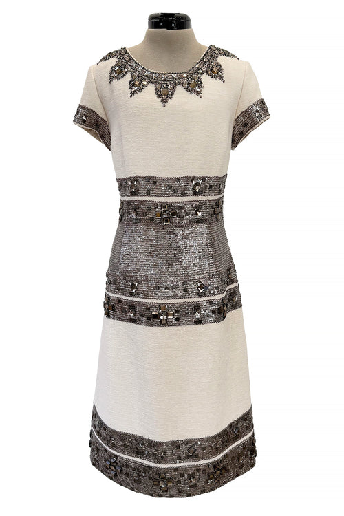 Superb Fall 2007 Oscar de la Renta Runway Look 38 Sequin & Bead on Ivory Boucle Wool Runway Dress