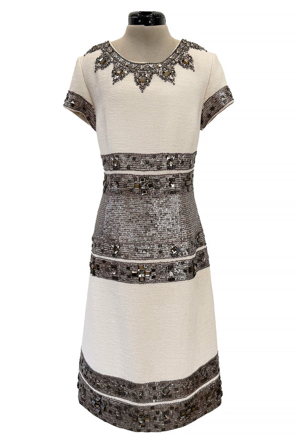 Superb Fall 2007 Oscar de la Renta Runway Look 38 Sequin & Bead on Ivory Boucle Wool Runway Dress