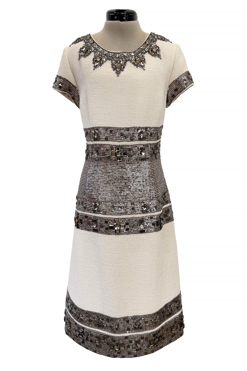 Superb Fall 2007 Oscar de la Renta Runway Look 38 Sequin & Bead on Ivory Boucle Wool Runway Dress