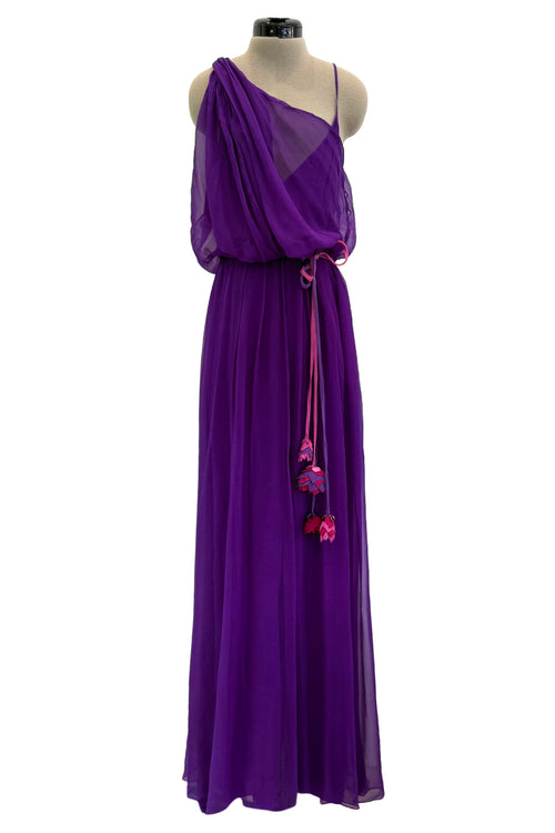 Spring 2001 Christian Dior by John Galliano Purple Silk Chiffon One Shoulder dress w Matching Pink & Red Floral Tie Belt