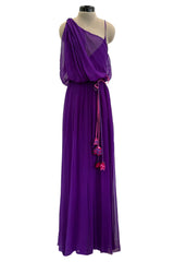 Spring 2001 Christian Dior by John Galliano Purple Silk Chiffon One Shoulder dress w Matching Pink & Red Floral Tie Belt