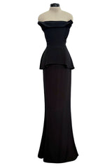 Minimalist 2010s Fendi by Karl Lagerfeld Black Strapless Long Silk Dress w Peplum Top