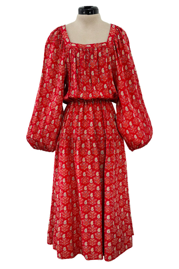 Prettiest 1970s Hanae Mori Red Print Light Silk Dress w Full Balloon Sleeves & Tiered Skirt