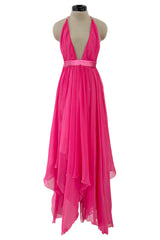 Recent Givenchy Vivid Silk Pink Chiffon Halter Dress w Completely Open Back & Multi Length Hem