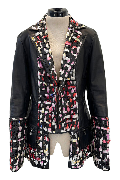 Fantastic Spring 2011 Chanel by Karl Lagerfeld Runway Look 48 Leather Jacket w Floral Silk Detailing