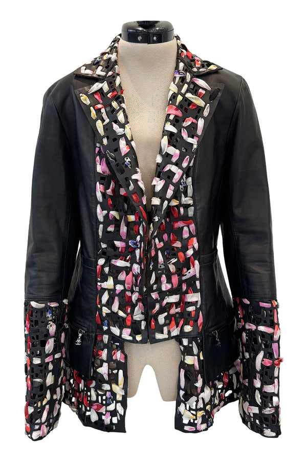 Fantastic Spring 2011 Chanel by Karl Lagerfeld Runway Look 48 Leather Jacket w Floral Silk Detailing