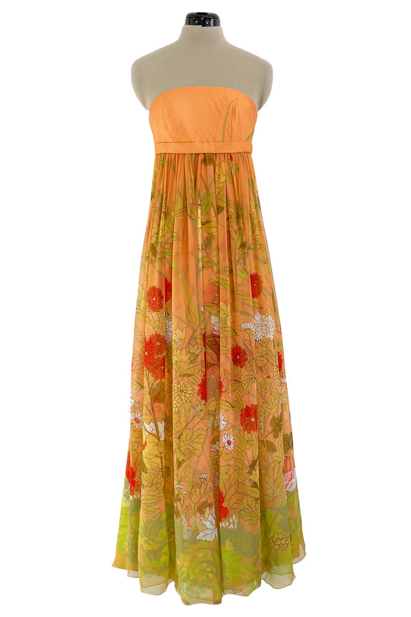 Gorgeous 1970s Hanae Mori Strapless Pastel Floral Print Chiffon & Silk Dress w Shawl